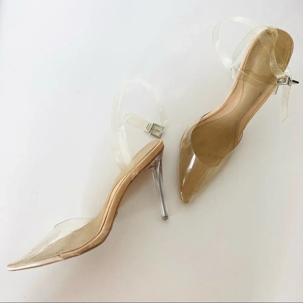 MISSGUIDED Nude Tan Clear Ankle Strap Pointy Toe 90s Stiletto Heels Pumps 9